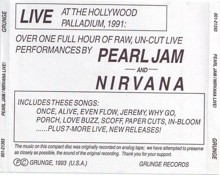  Pearl Jam And Nirvana Live At The Hollywood Palladium 1991  Back of Inlay