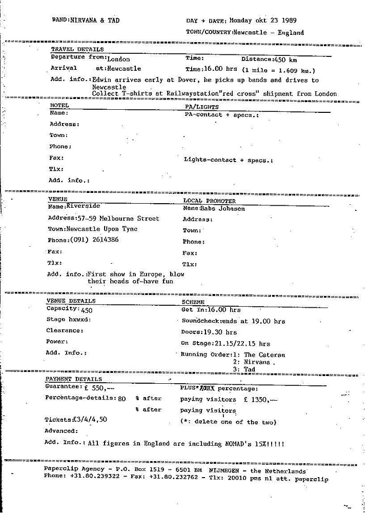 Nirvana's tour itinerary