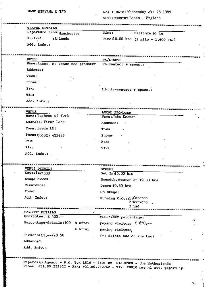 Nirvana's tour itinerary