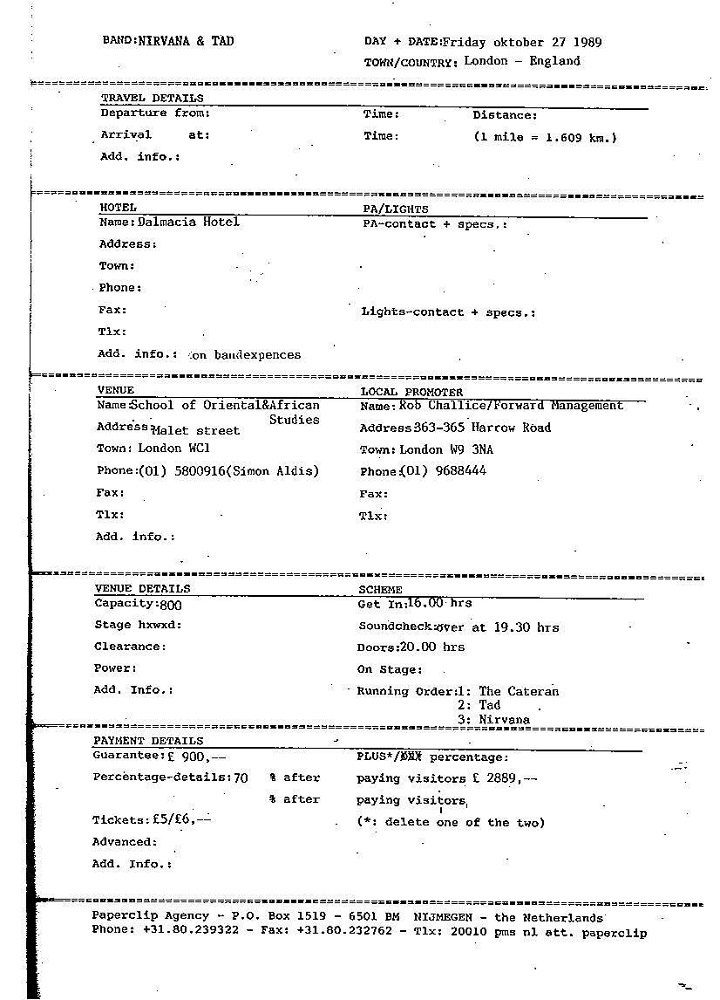 Nirvana's tour itinerary