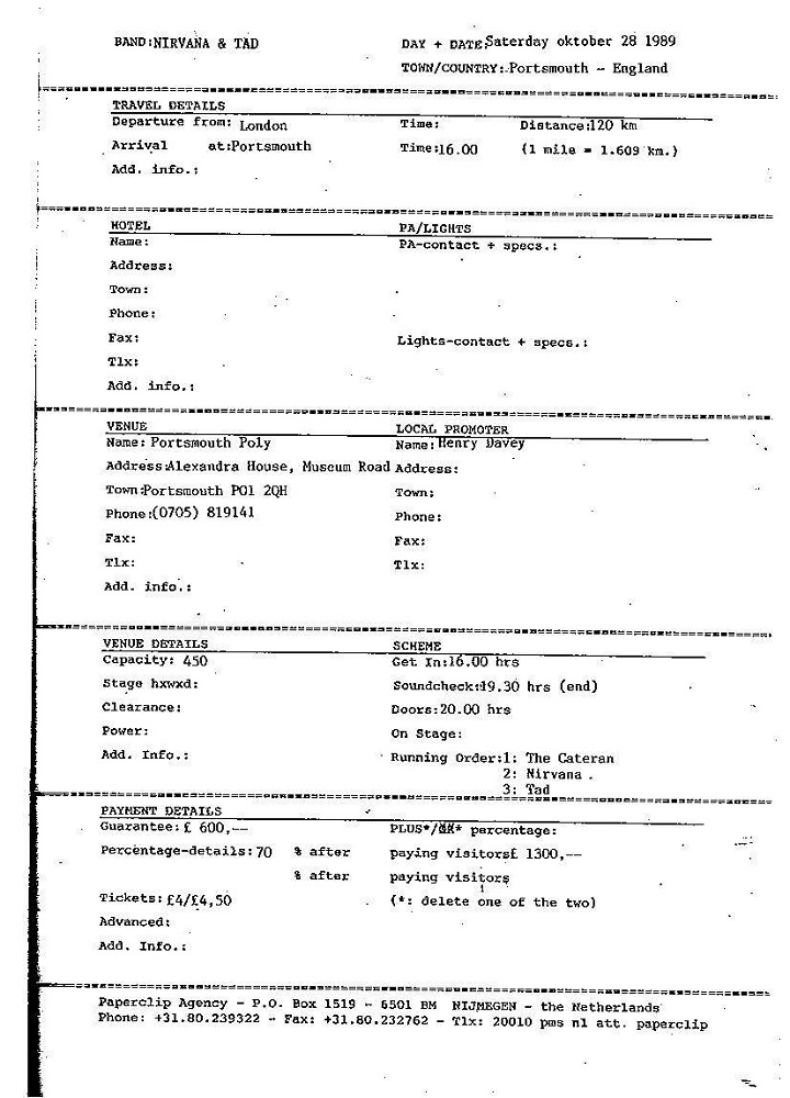 Nirvana's tour itinerary