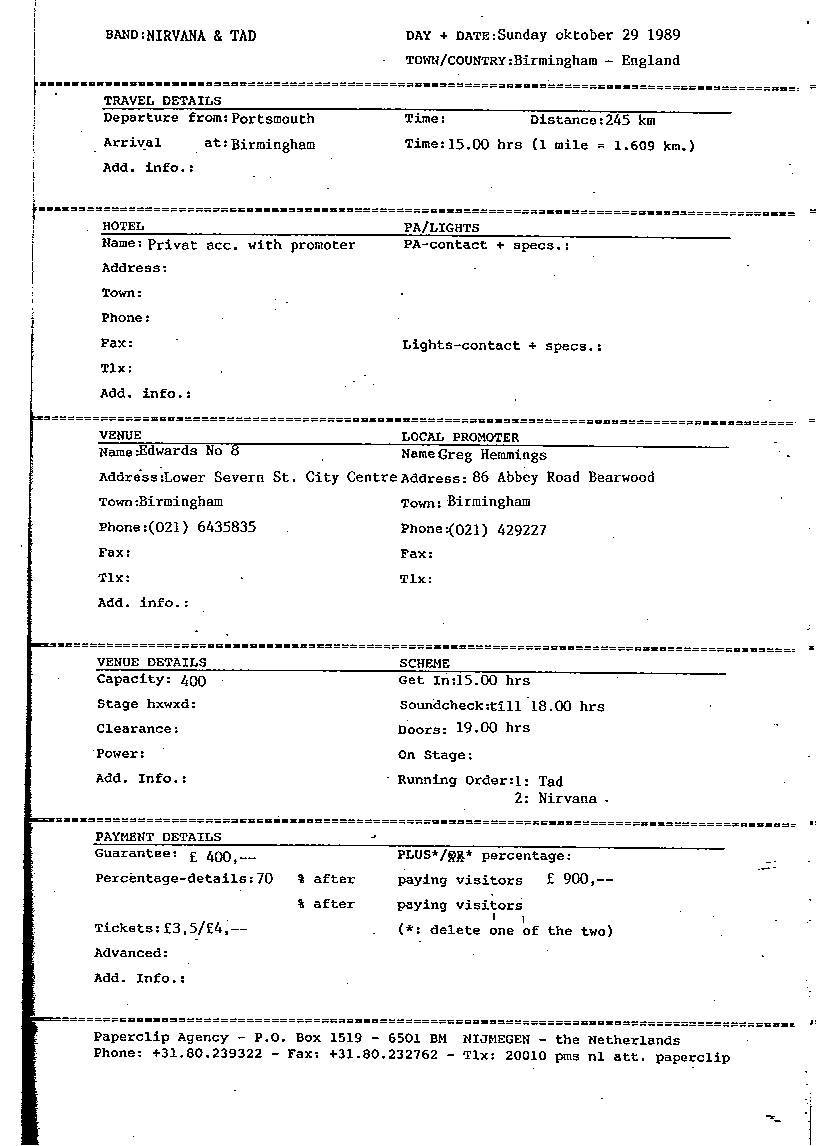 Nirvana's tour itinerary