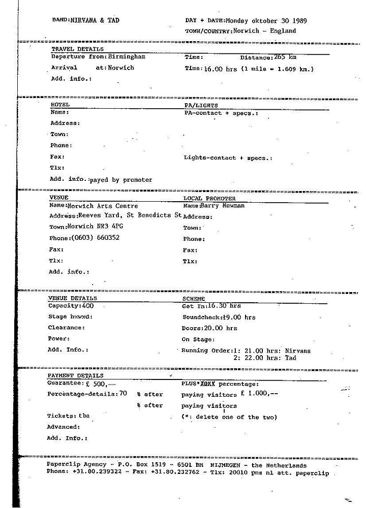 Nirvana's tour itinerary