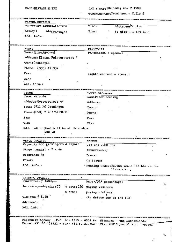 Nirvana's tour itinerary