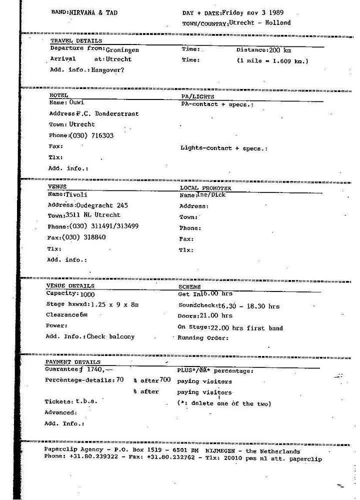 Nirvana's tour itinerary