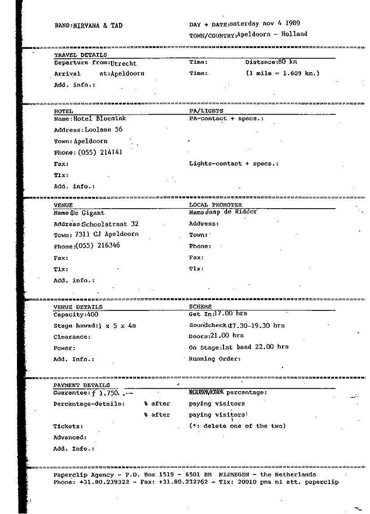 Nirvana's tour itinerary