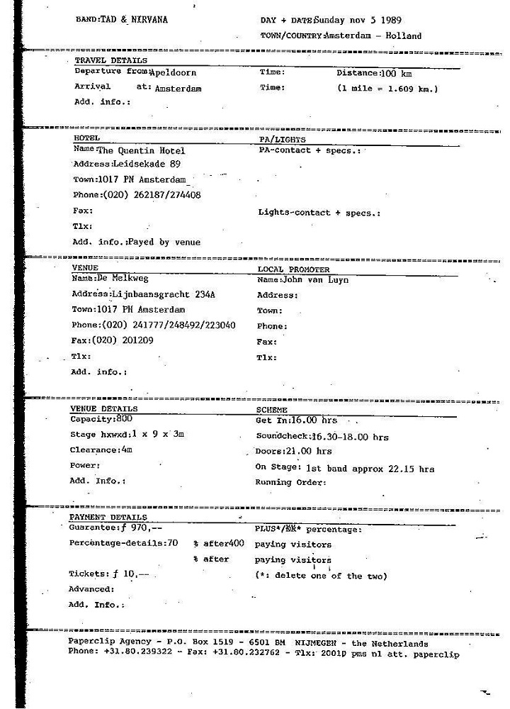 Nirvana's tour itinerary