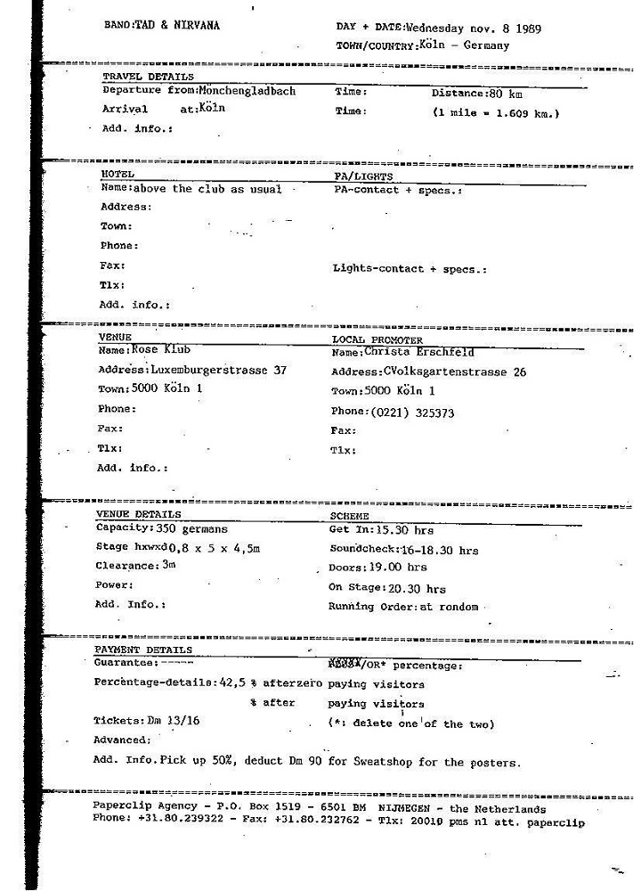 Nirvana's tour itinerary