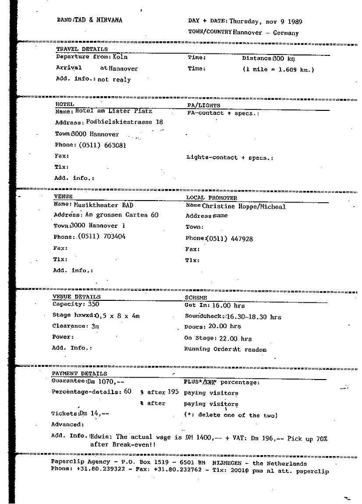 Nirvana's tour itinerary