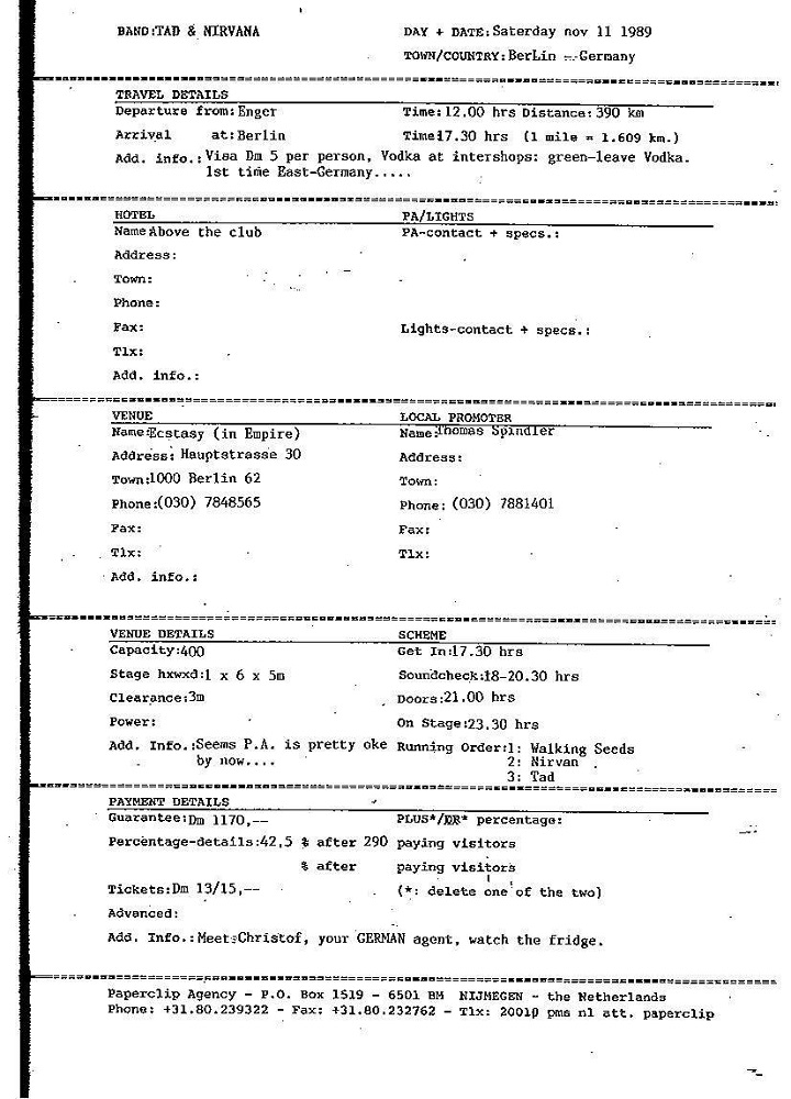 Nirvana's tour itinerary