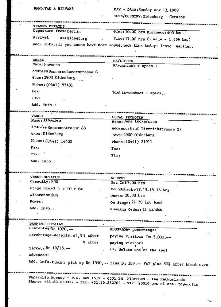 Nirvana's tour itinerary