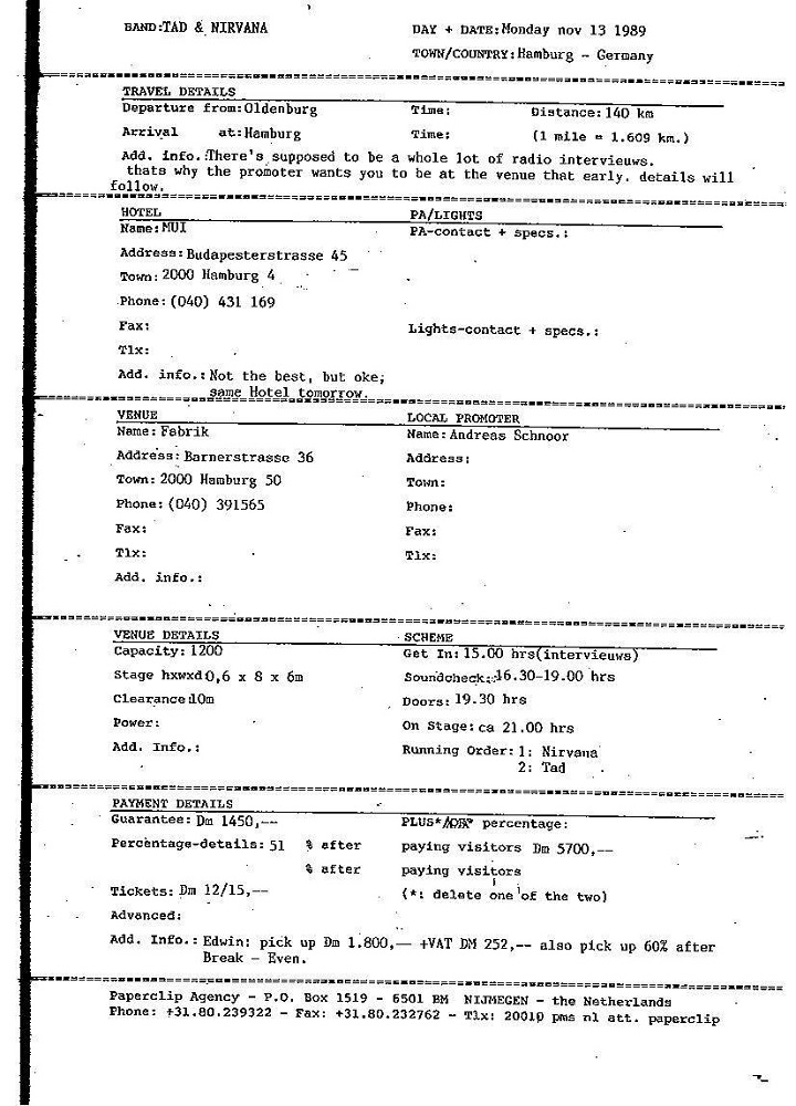 Nirvana's tour itinerary