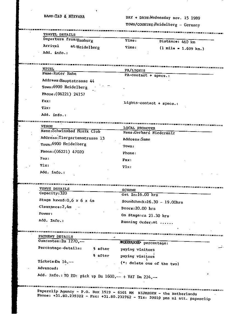 Nirvana's tour itinerary