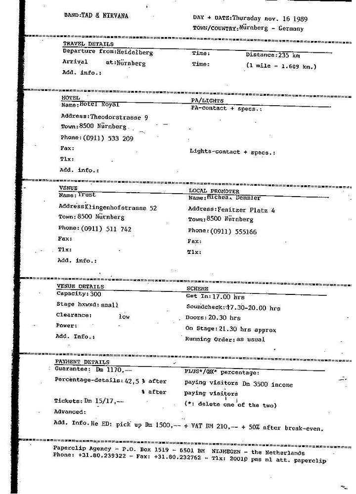 Nirvana's tour itinerary