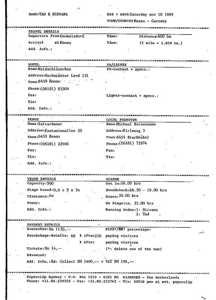 Nirvana's tour itinerary