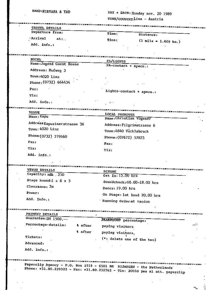 Nirvana's tour itinerary