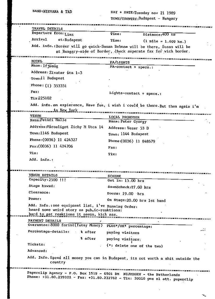 Nirvana's tour itinerary