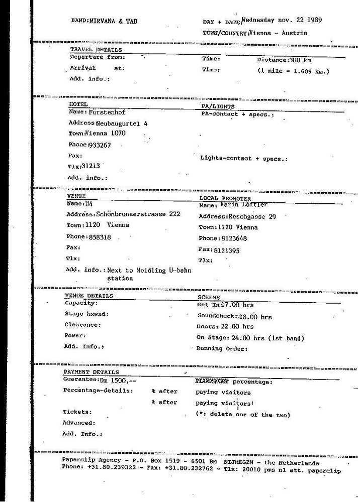 Nirvana's tour itinerary