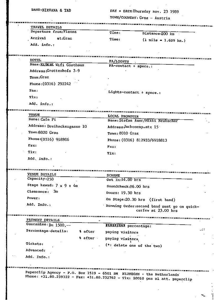 Nirvana's tour itinerary