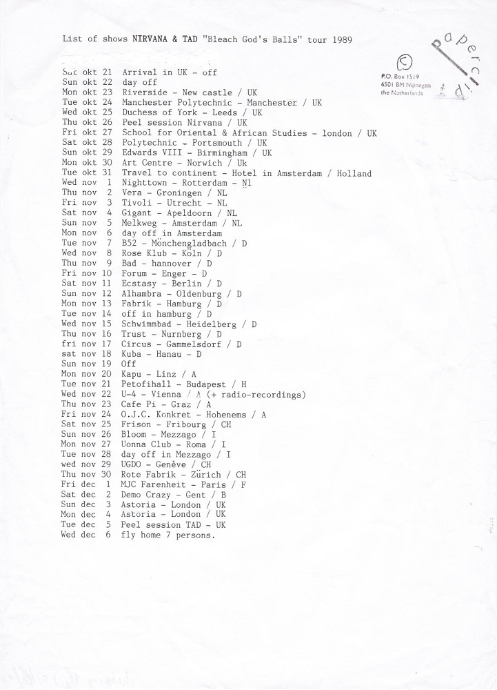 Nirvana's tour itinerary