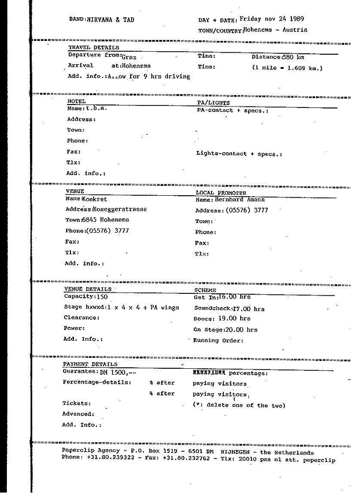 Nirvana's tour itinerary