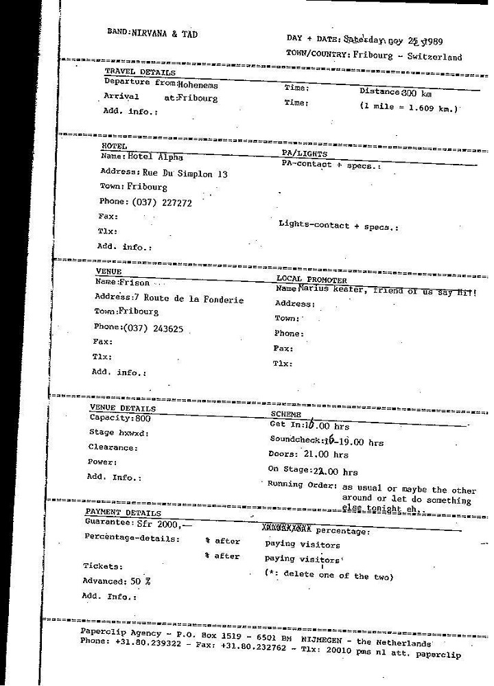 Nirvana's tour itinerary