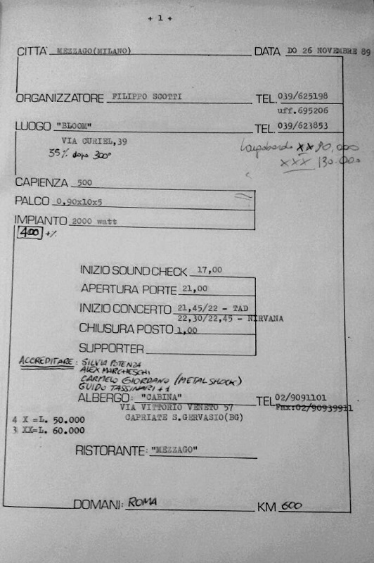 Nirvana's tour itinerary