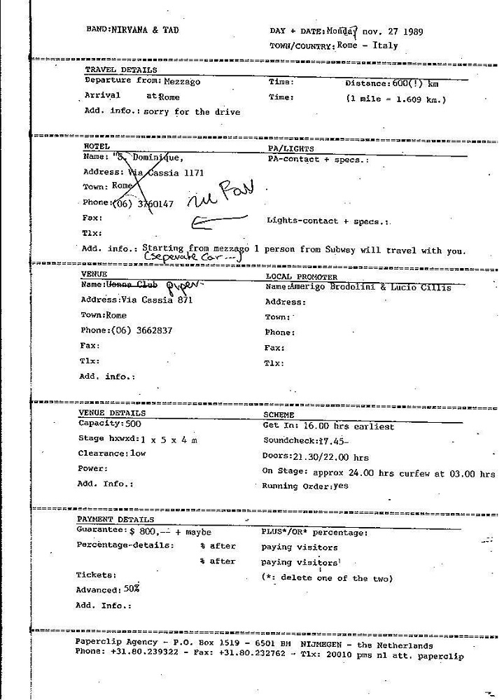 Nirvana's tour itinerary