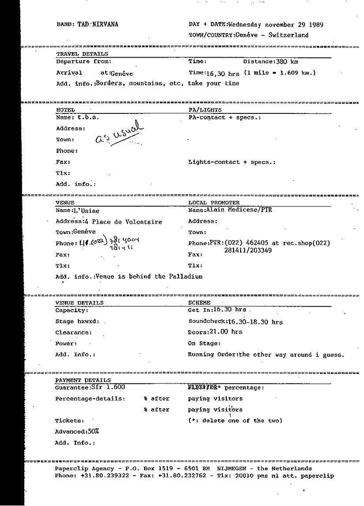 Nirvana's tour itinerary