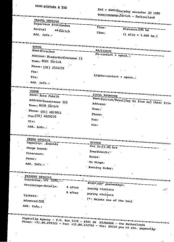 Nirvana's tour itinerary