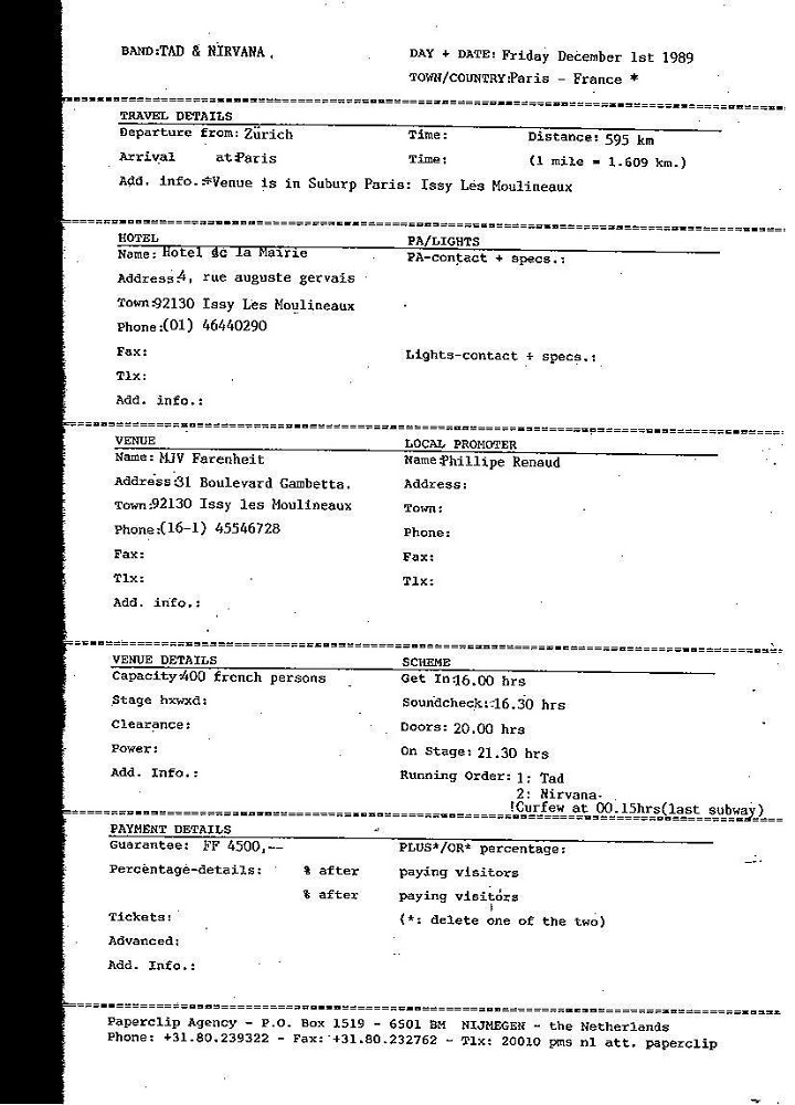 Nirvana's tour itinerary