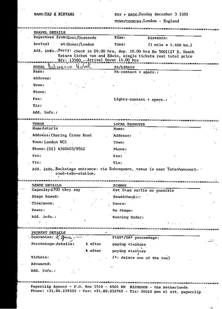 Nirvana's tour itinerary