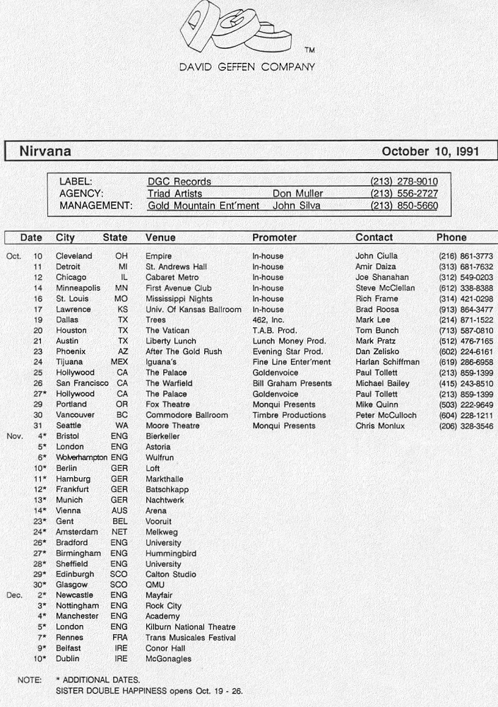 Nirvana's tour itinerary