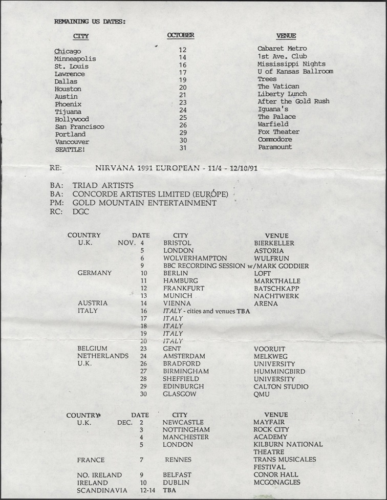 Nirvana's tour itinerary