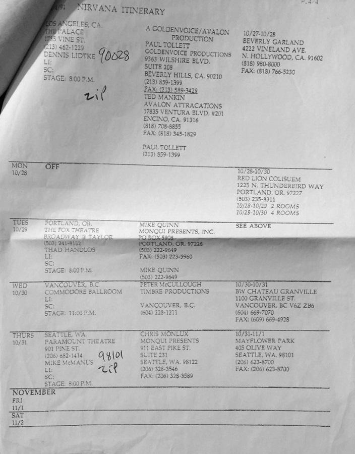 Nirvana's tour itinerary