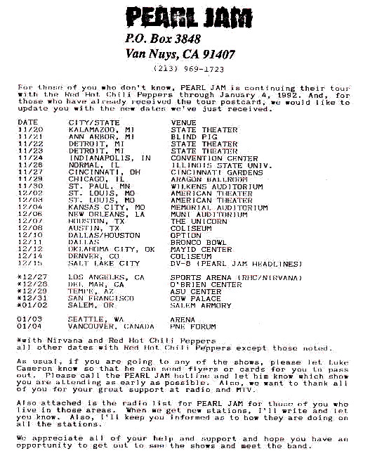 Pearl Jam's tour itinerary