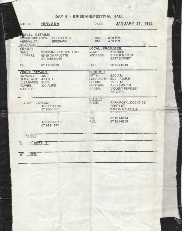 Nirvana's tour itinerary