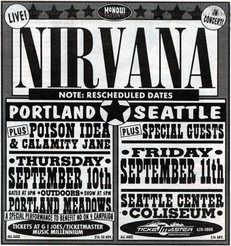 Nirvana at The Portland Meadows Concert Poster 1992 1980's Grunge 