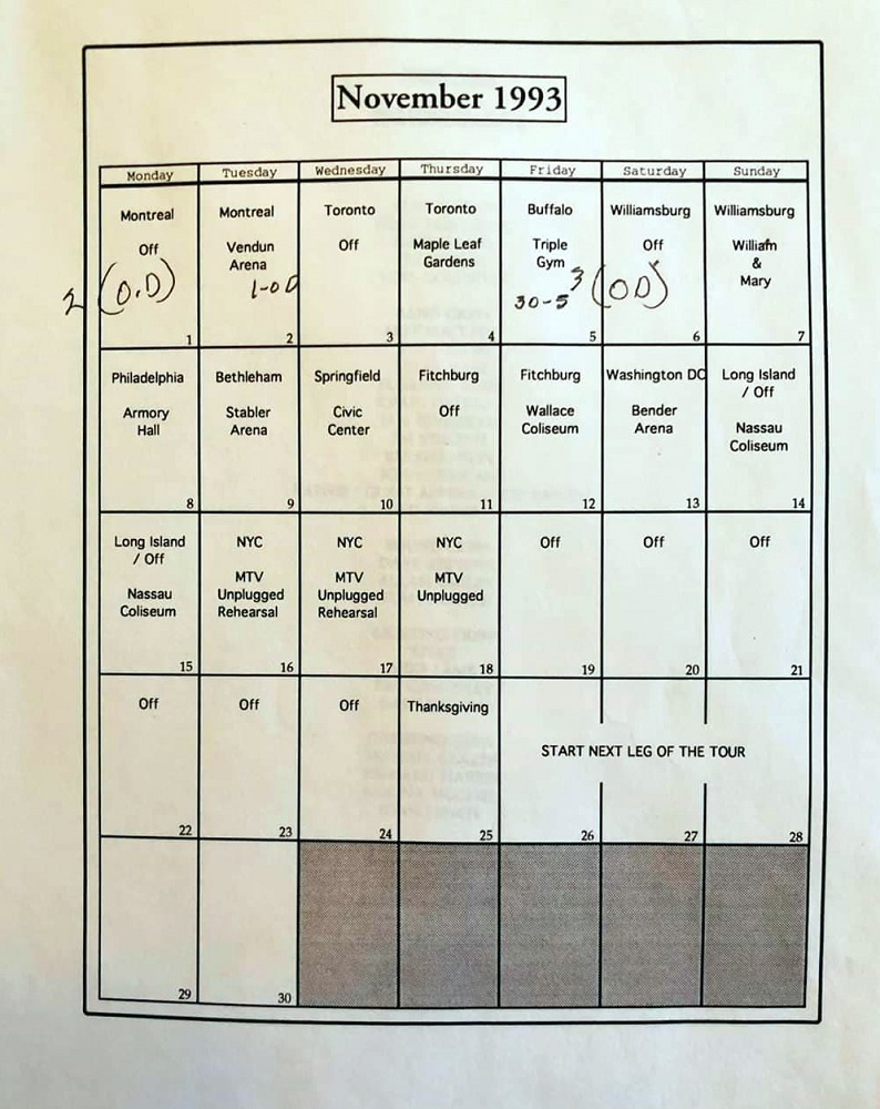 Nirvana's tour itinerary