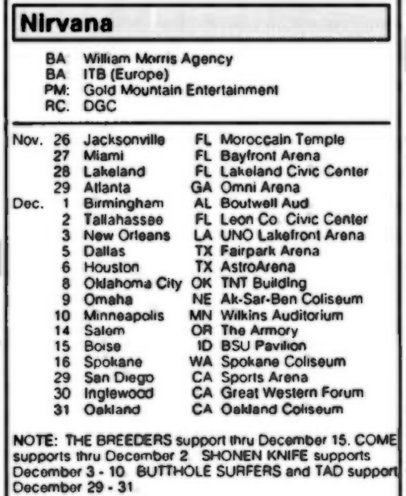 Nirvana's tour itinerary