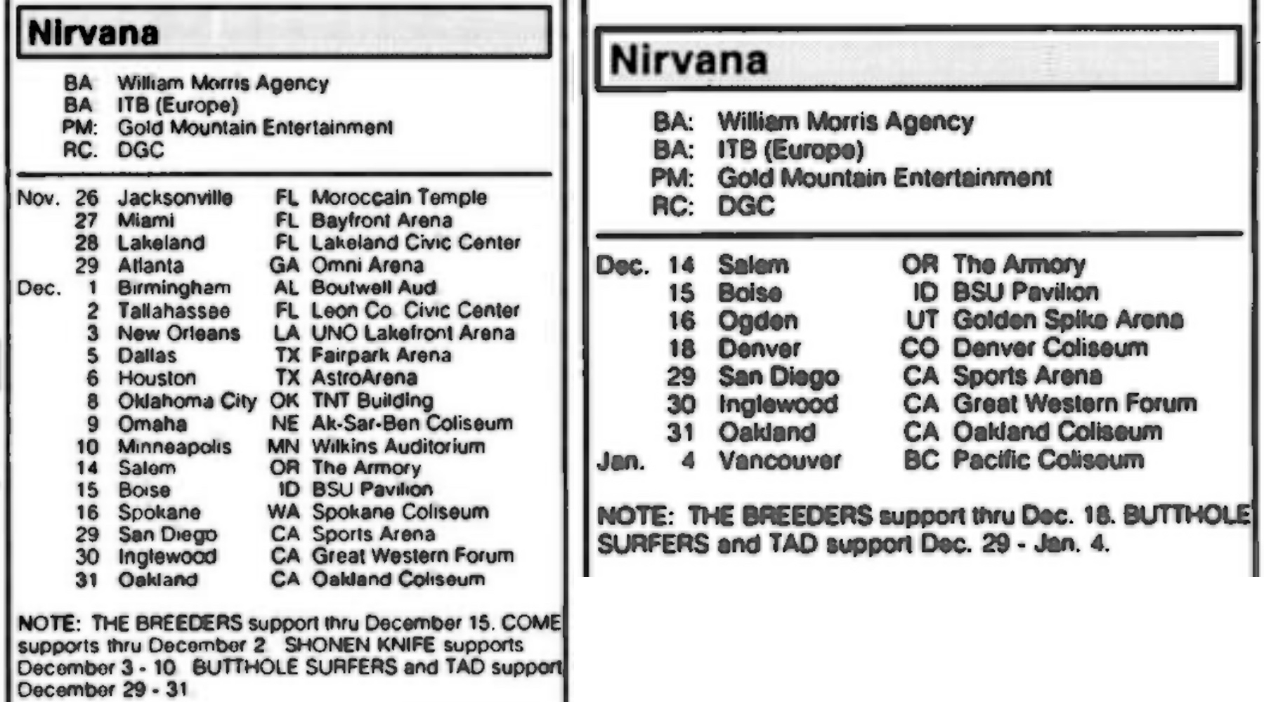 Nirvana's tour itinerary