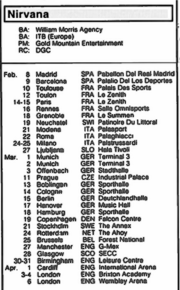 Nirvana's tour itinerary