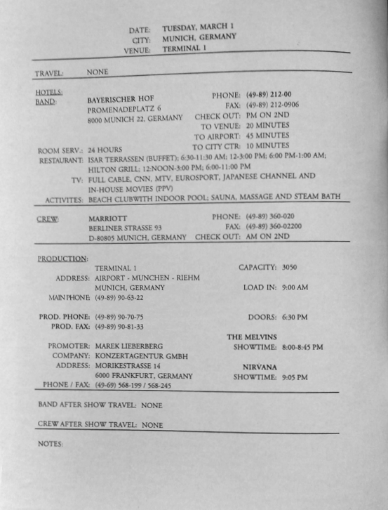 Nirvana's tour itinerary