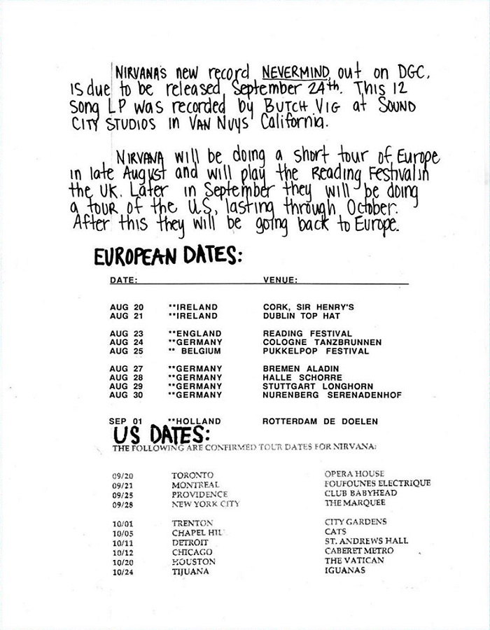 Nirvana's tour itinerary