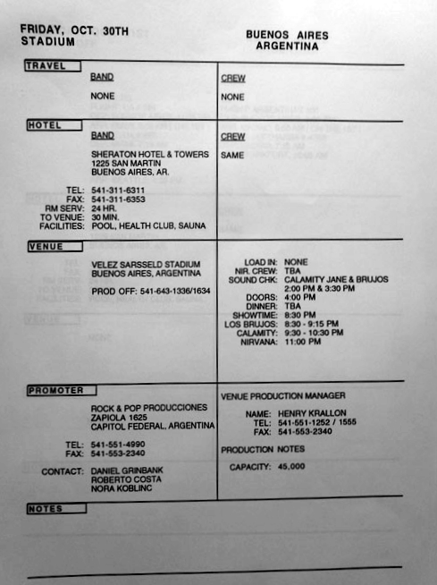 Nirvana's tour itinerary